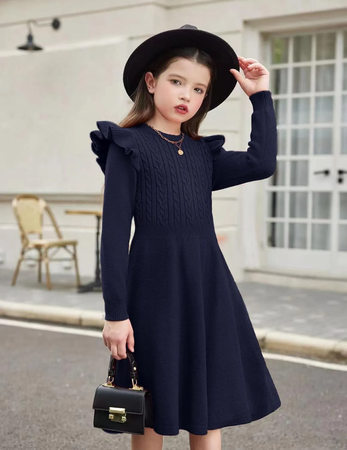 Arshiner Girls Sweater Dress Fall Winter Lantern Long Sleeve Cable Midi Dresses