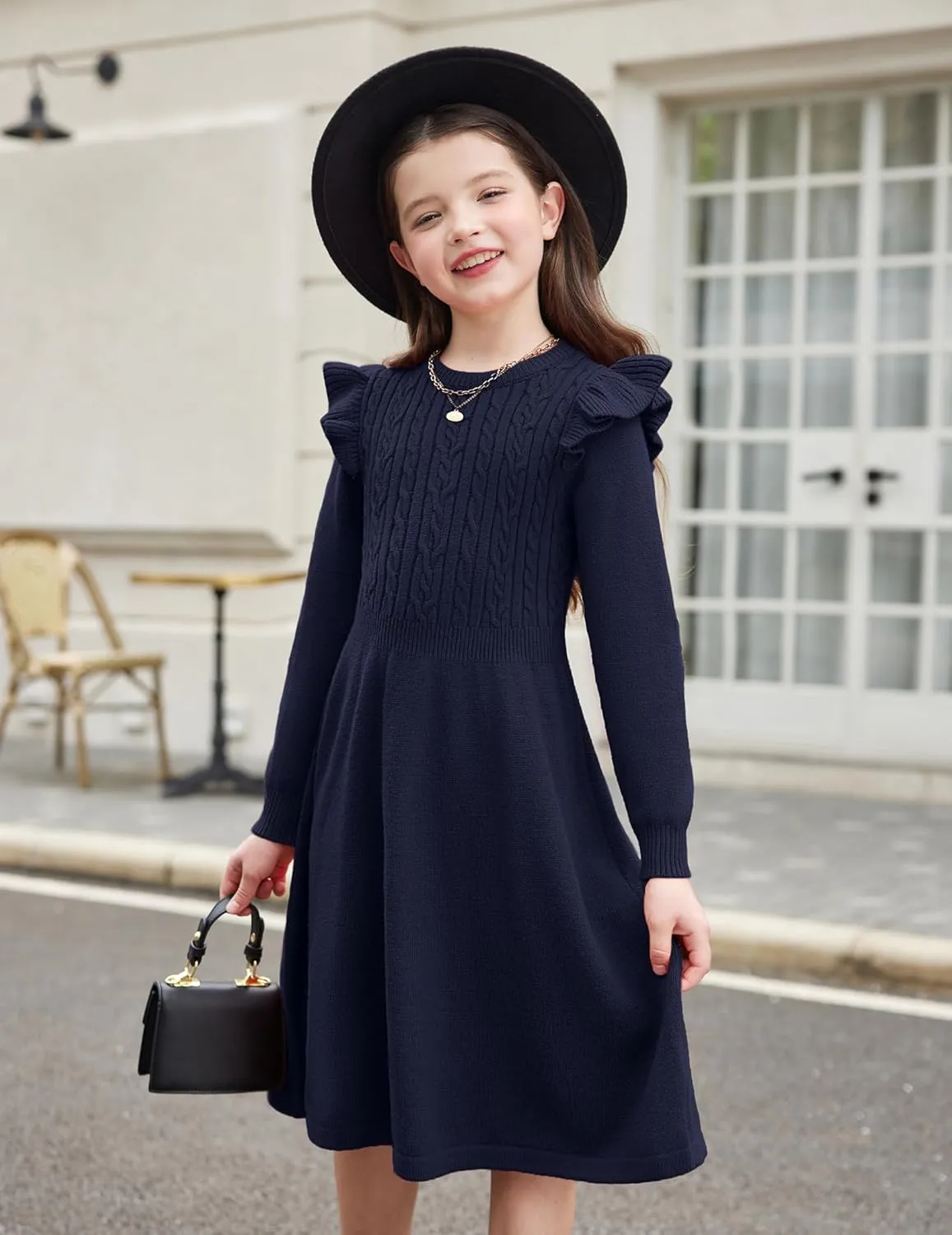 Arshiner Girls Sweater Dress Fall Winter Lantern Long Sleeve Cable Midi Dresses