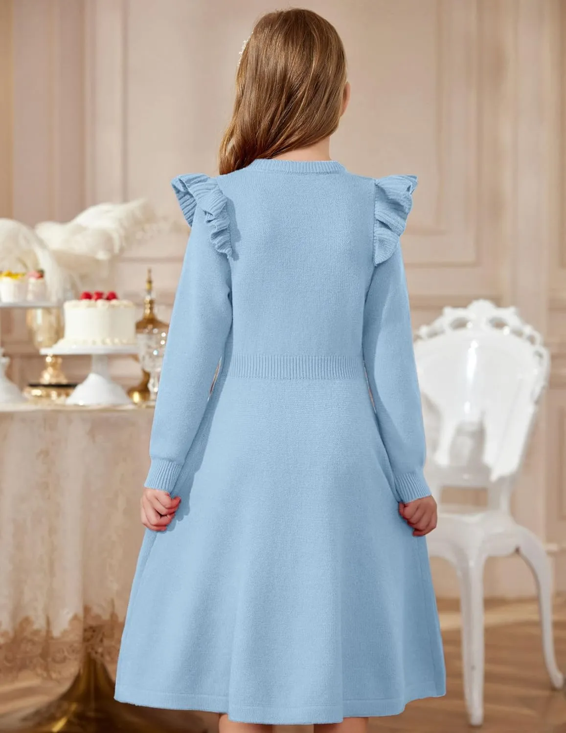 Arshiner Girls Sweater Dress Fall Winter Lantern Long Sleeve Cable Midi Dresses