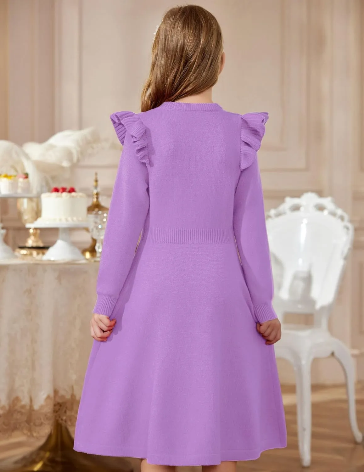 Arshiner Girls Sweater Dress Fall Winter Lantern Long Sleeve Cable Midi Dresses