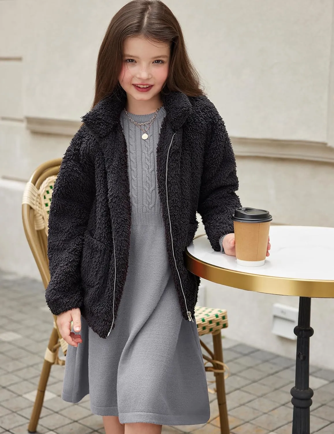 Arshiner Girls Sweater Dress Fall Winter Lantern Long Sleeve Cable Midi Dresses