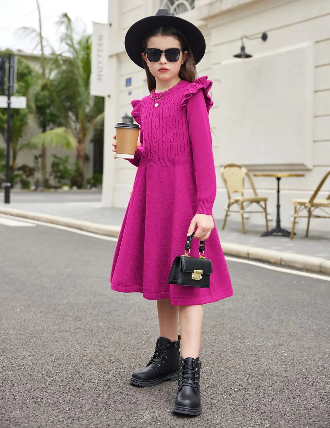 Arshiner Girls Sweater Dress Fall Winter Lantern Long Sleeve Cable Midi Dresses