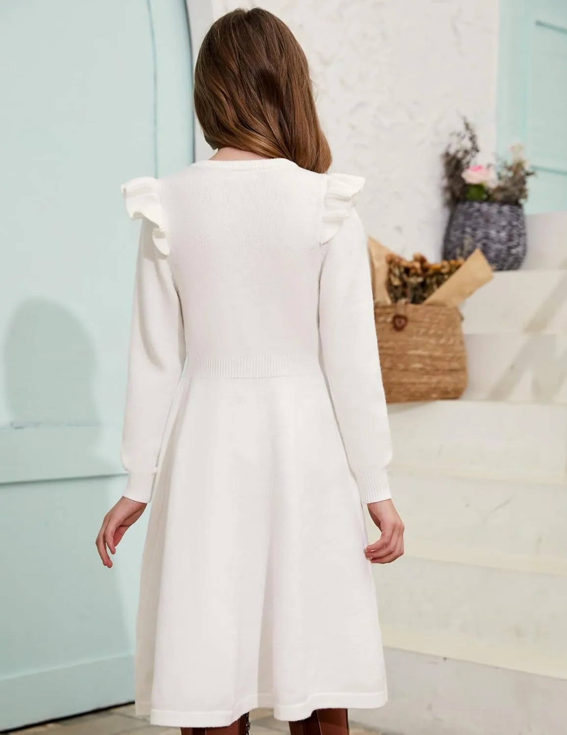 Arshiner Girls Sweater Dress Fall Winter Lantern Long Sleeve Cable Midi Dresses