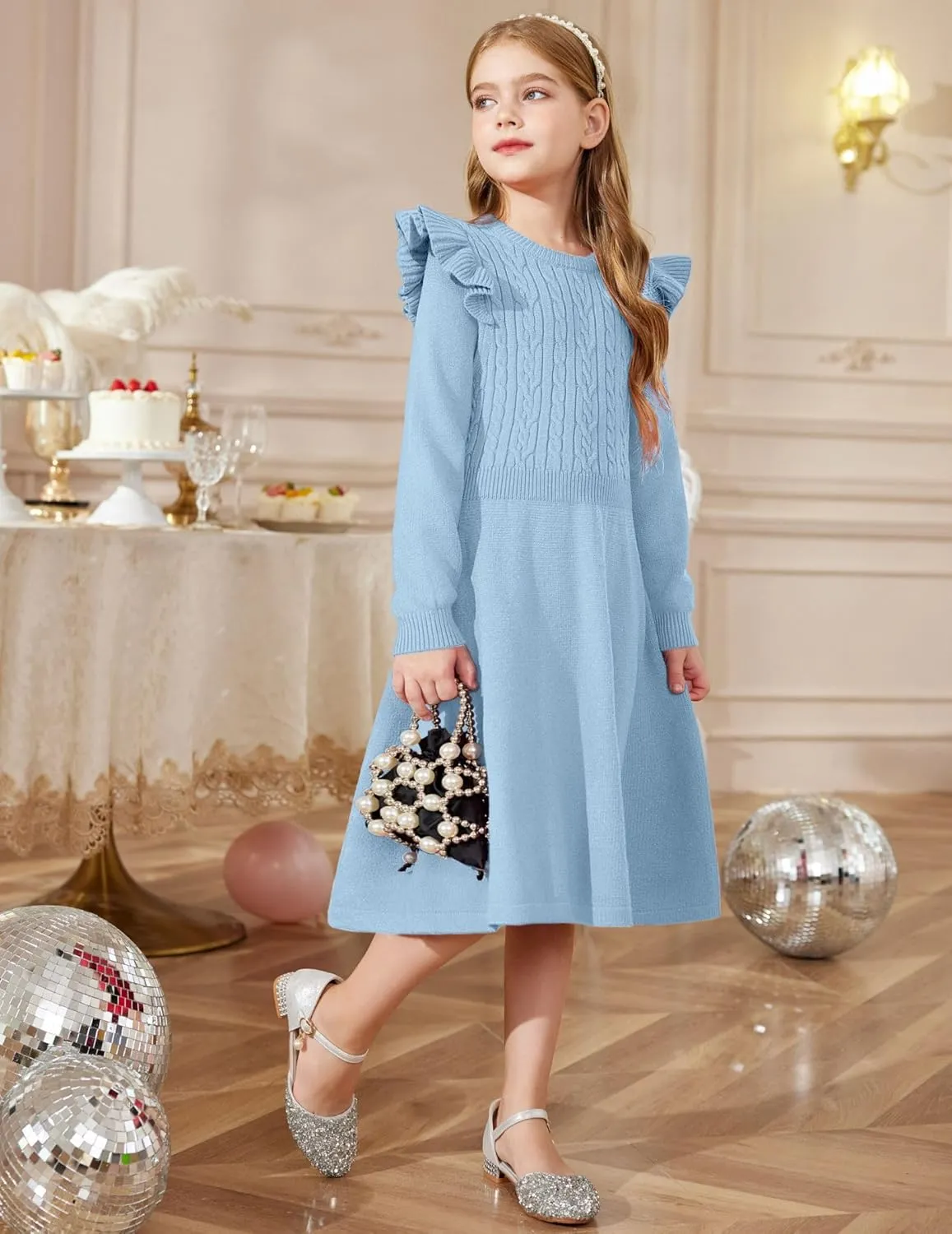 Arshiner Girls Sweater Dress Fall Winter Lantern Long Sleeve Cable Midi Dresses