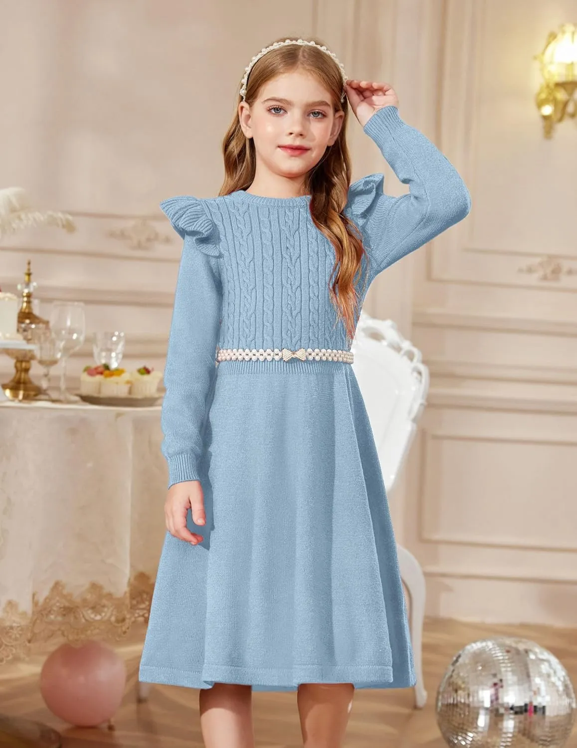 Arshiner Girls Sweater Dress Fall Winter Lantern Long Sleeve Cable Midi Dresses