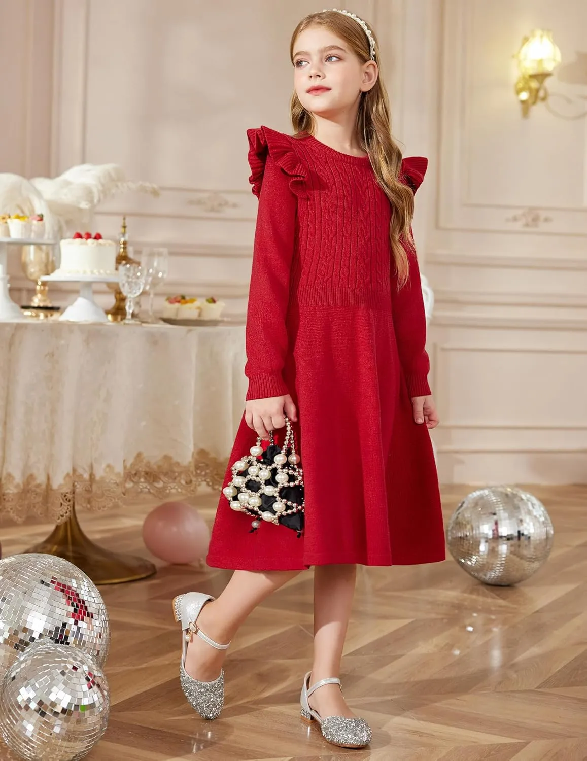 Arshiner Girls Sweater Dress Fall Winter Lantern Long Sleeve Cable Midi Dresses