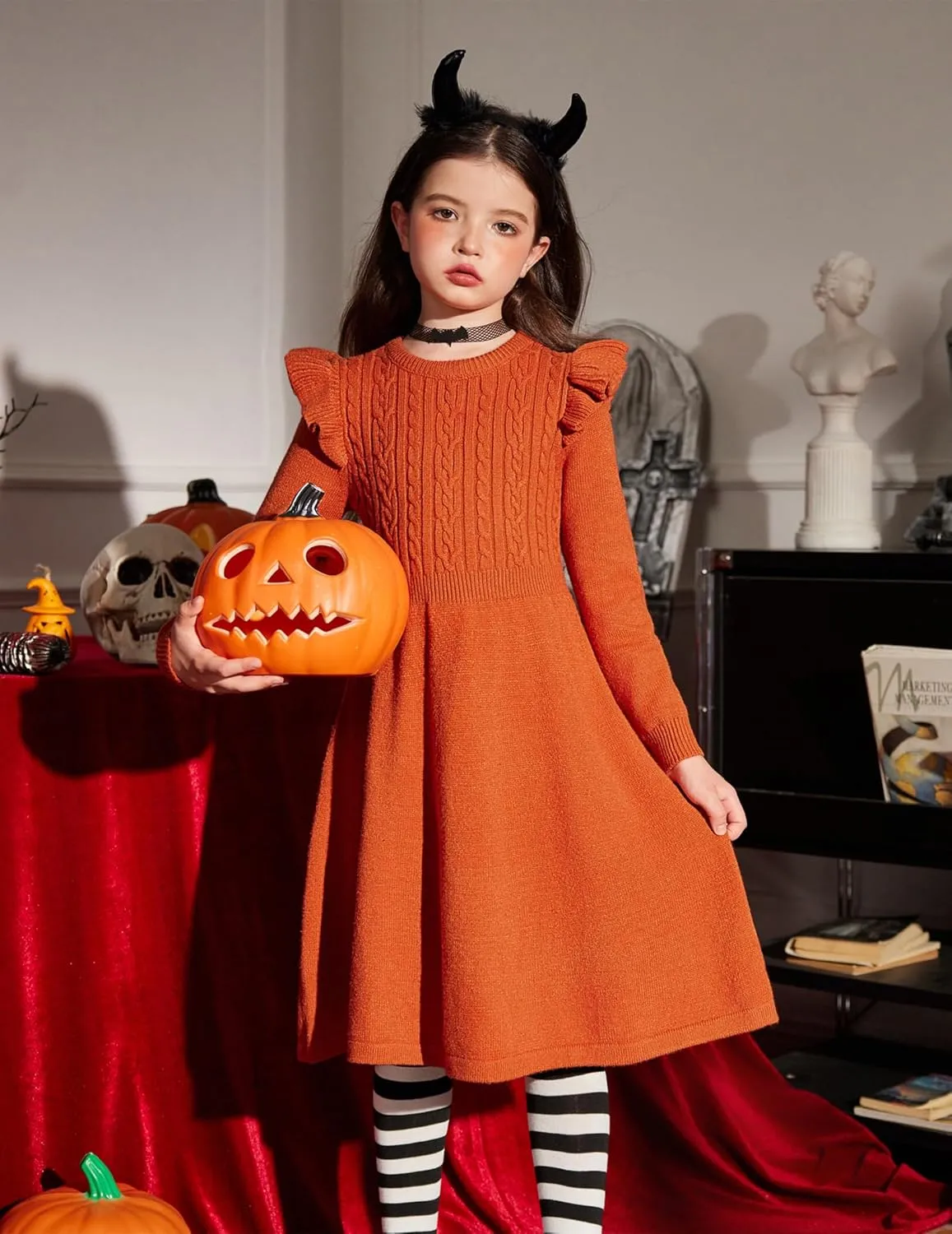 Arshiner Girls Sweater Dress Fall Winter Lantern Long Sleeve Cable Midi Dresses