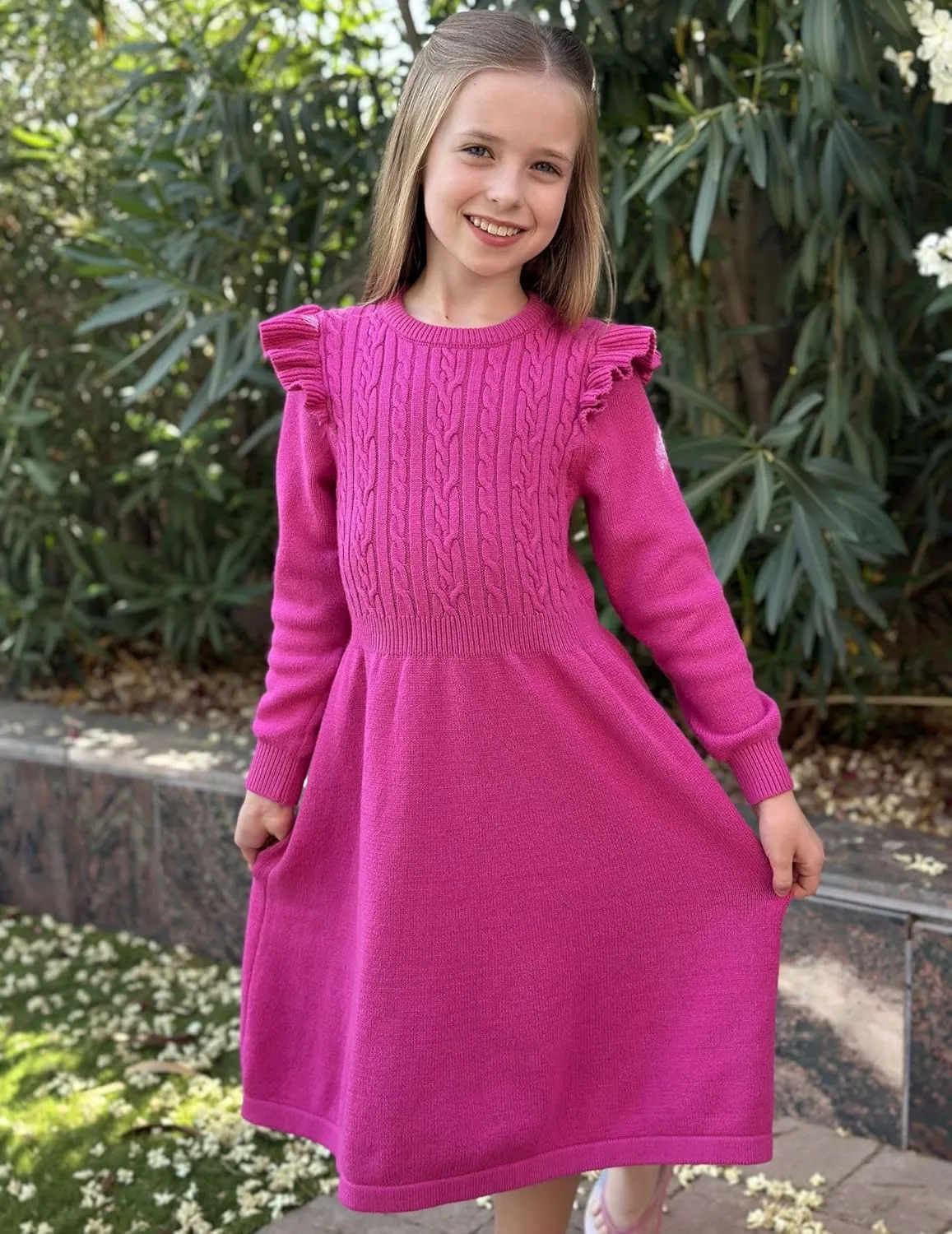 Arshiner Girls Sweater Dress Fall Winter Lantern Long Sleeve Cable Midi Dresses