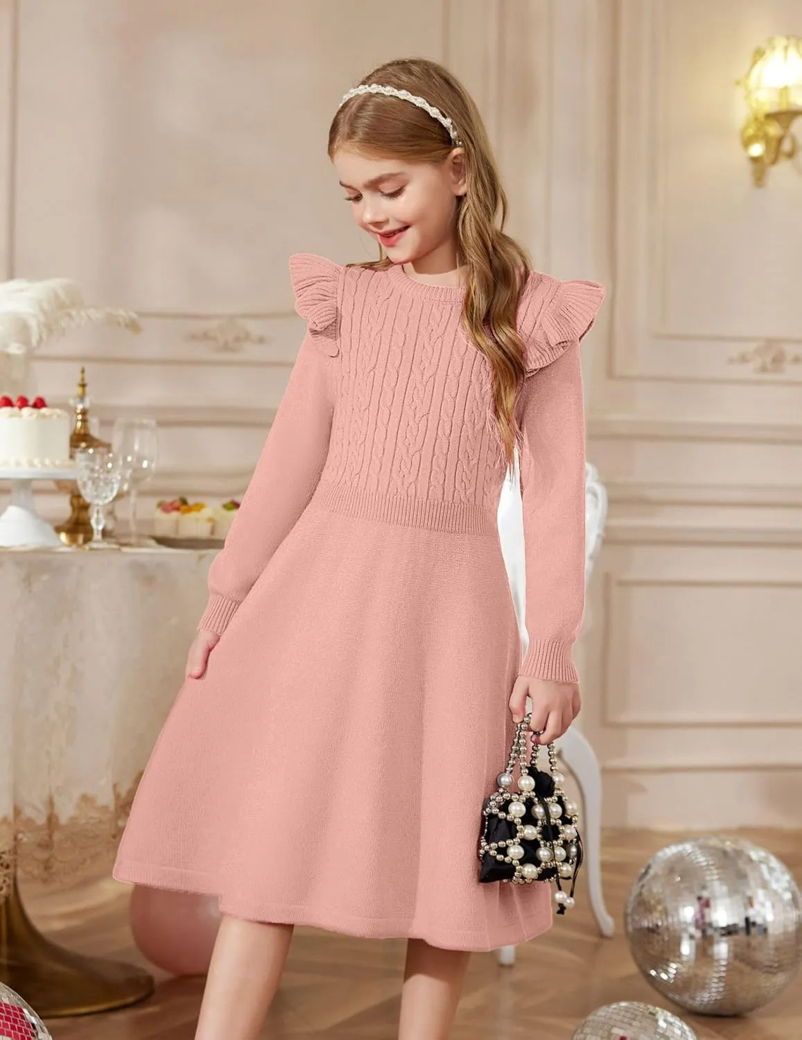 Arshiner Girls Sweater Dress Fall Winter Lantern Long Sleeve Cable Midi Dresses