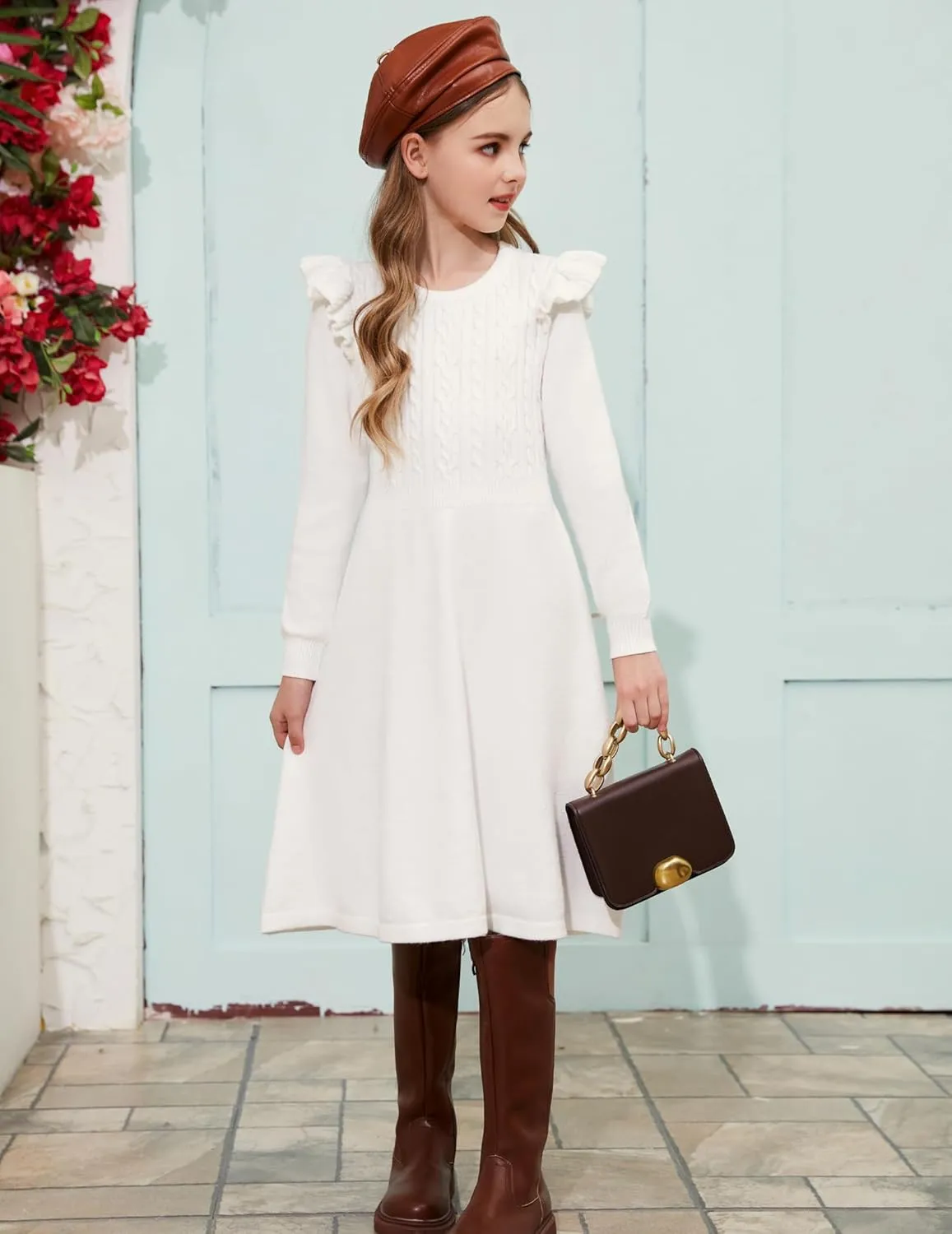 Arshiner Girls Sweater Dress Fall Winter Lantern Long Sleeve Cable Midi Dresses