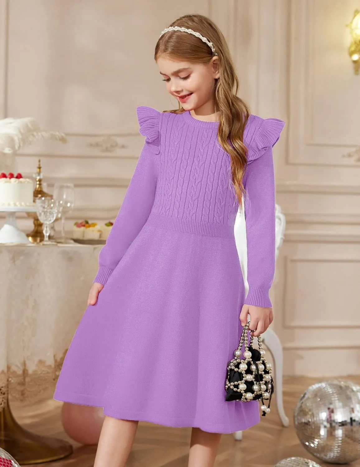 Arshiner Girls Sweater Dress Fall Winter Lantern Long Sleeve Cable Midi Dresses