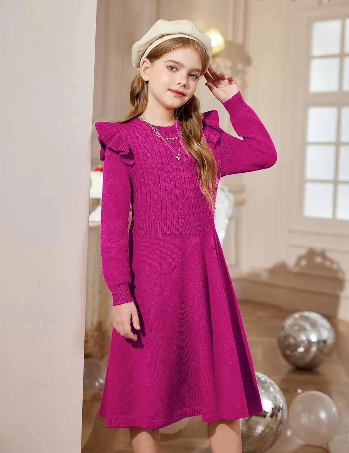 Arshiner Girls Sweater Dress Fall Winter Lantern Long Sleeve Cable Midi Dresses
