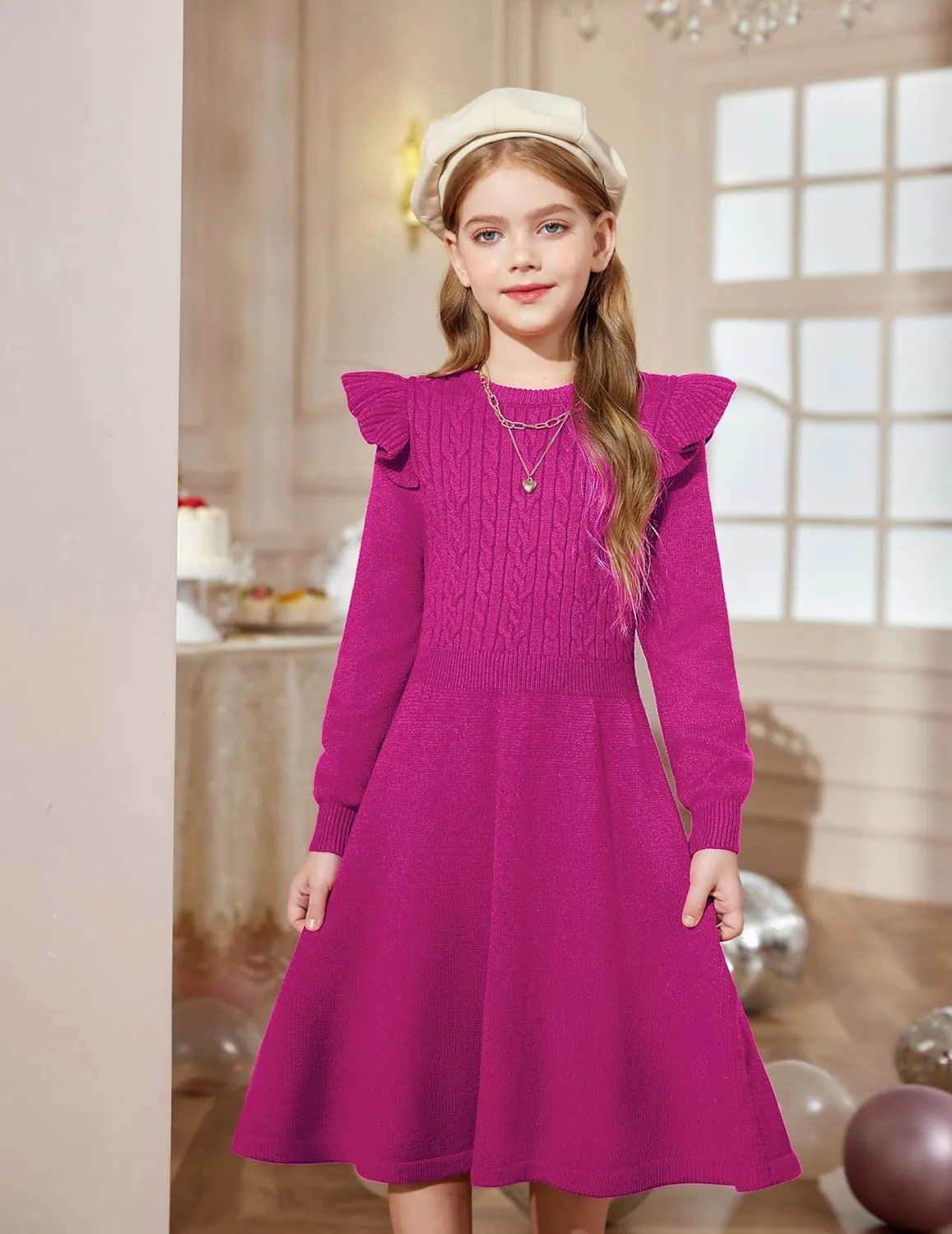 Arshiner Girls Sweater Dress Fall Winter Lantern Long Sleeve Cable Midi Dresses
