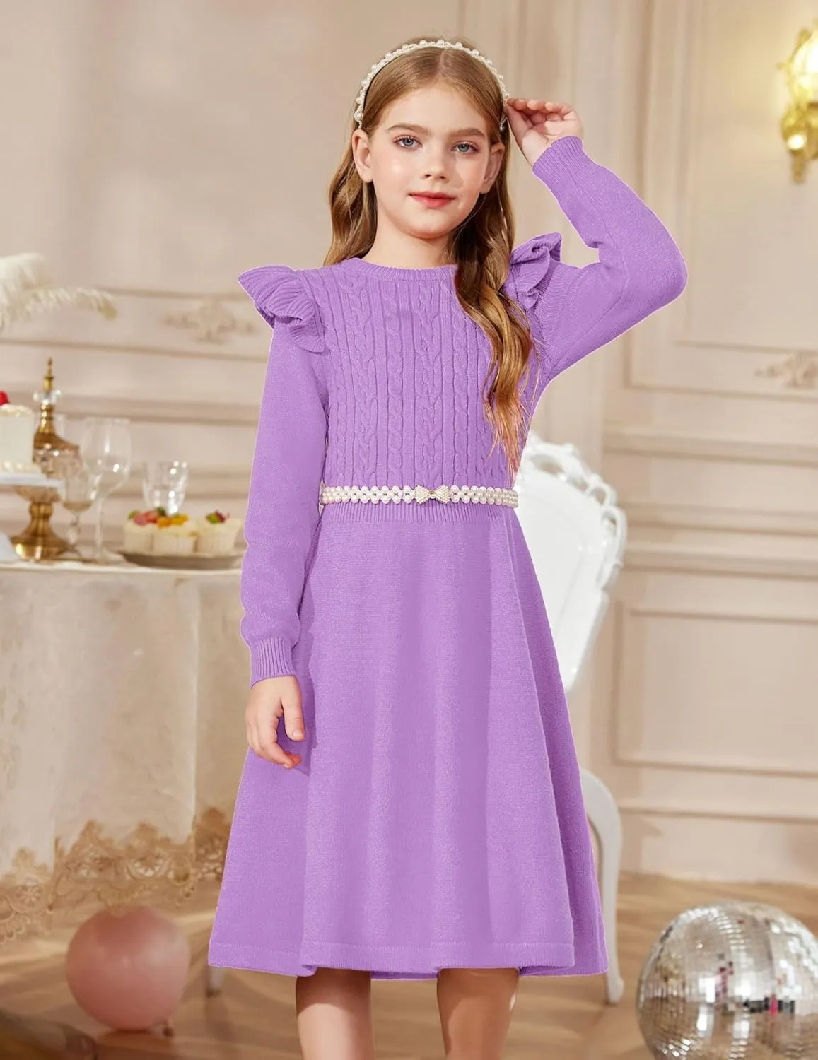 Arshiner Girls Sweater Dress Fall Winter Lantern Long Sleeve Cable Midi Dresses