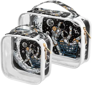 Astronauts-moon Pattern 2 Pack Clear Toiletry Bag Women Men, Portable Waterproof Clear Pouch, Cosmetic Bag with Double Zippers Large Opening Traveling with Handle for Bathroom Traveling Vacation Organ