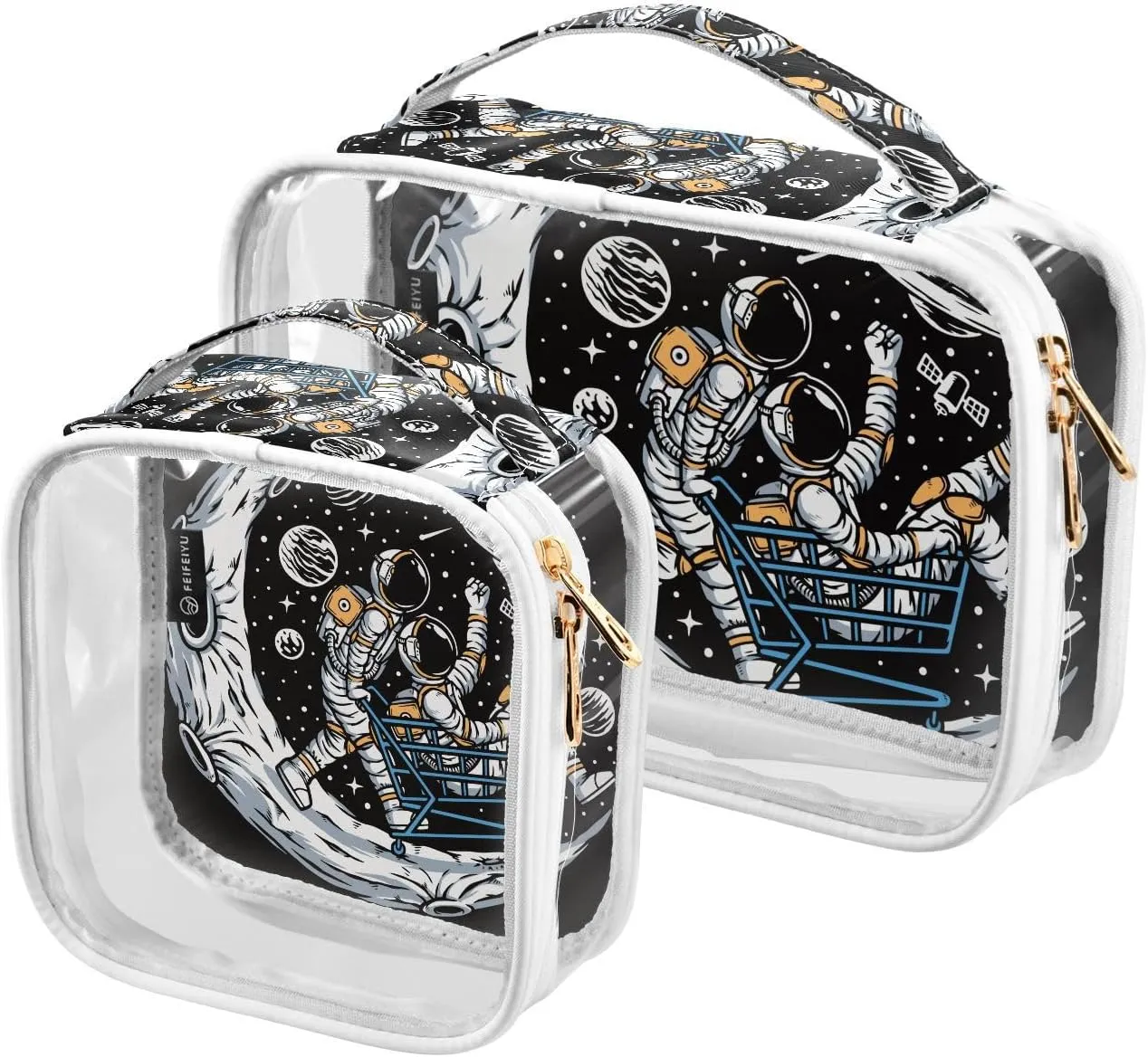 Astronauts-moon Pattern 2 Pack Clear Toiletry Bag Women Men, Portable Waterproof Clear Pouch, Cosmetic Bag with Double Zippers Large Opening Traveling with Handle for Bathroom Traveling Vacation Organ