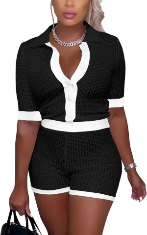 Atyfuniby 2 Piece Shorts Set for Women Knit Color Block Button Down Shirt and High Waist Shorts Tracksuits Jumpsuits