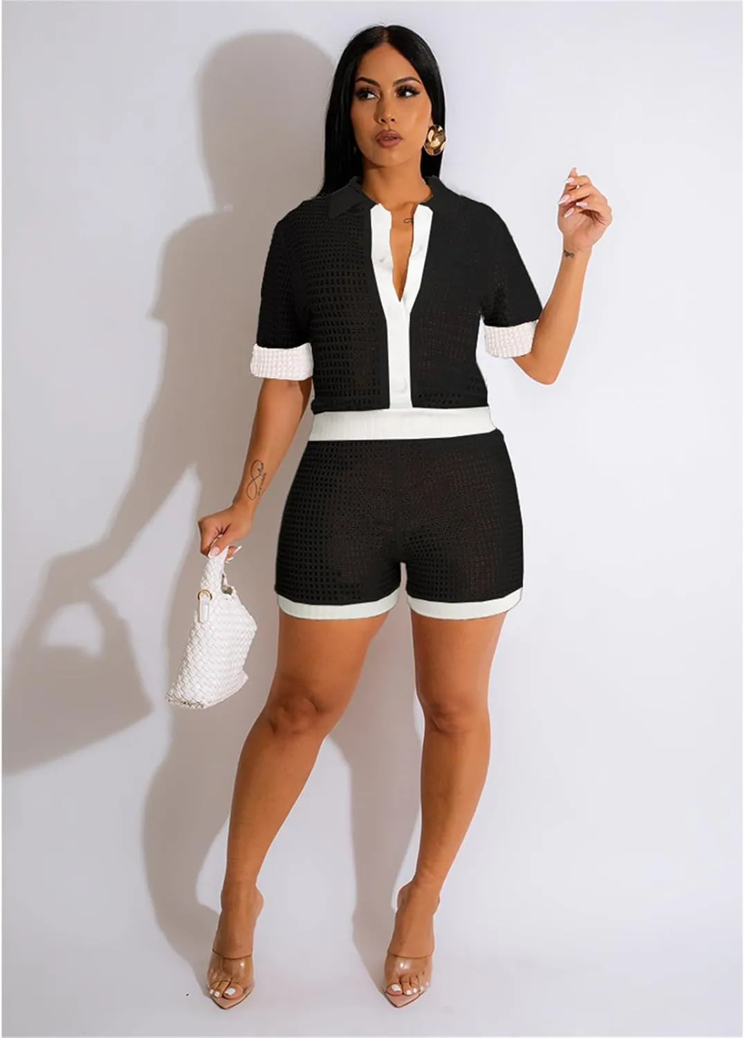 Atyfuniby 2 Piece Shorts Set for Women Knit Color Block Button Down Shirt and High Waist Shorts Tracksuits Jumpsuits