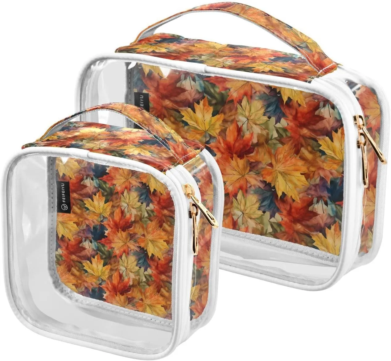 Autumn-leaves 2 Pack Clear Toiletry Bag Women Men, Portable Waterproof Clear Pouch, Cosmetic Bag with Double Zippers Large Opening Traveling with Handle for Bathroom Traveling Vacation Organizing