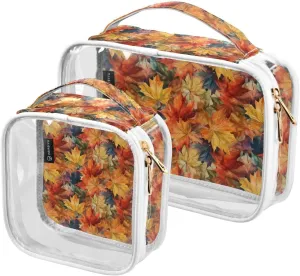Autumn-leaves 2 Pack Clear Toiletry Bag Women Men, Portable Waterproof Clear Pouch, Cosmetic Bag with Double Zippers Large Opening Traveling with Handle for Bathroom Traveling Vacation Organizing