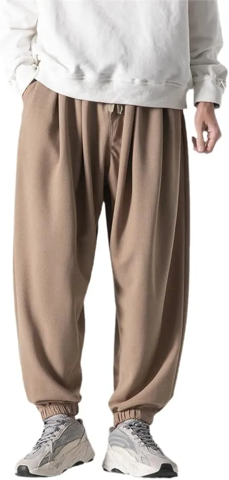 Autumn Men Waffle Harem Pants Drawstring Chinese Style Trousers Male Streetwear Hip Hop Oversized s4 XS