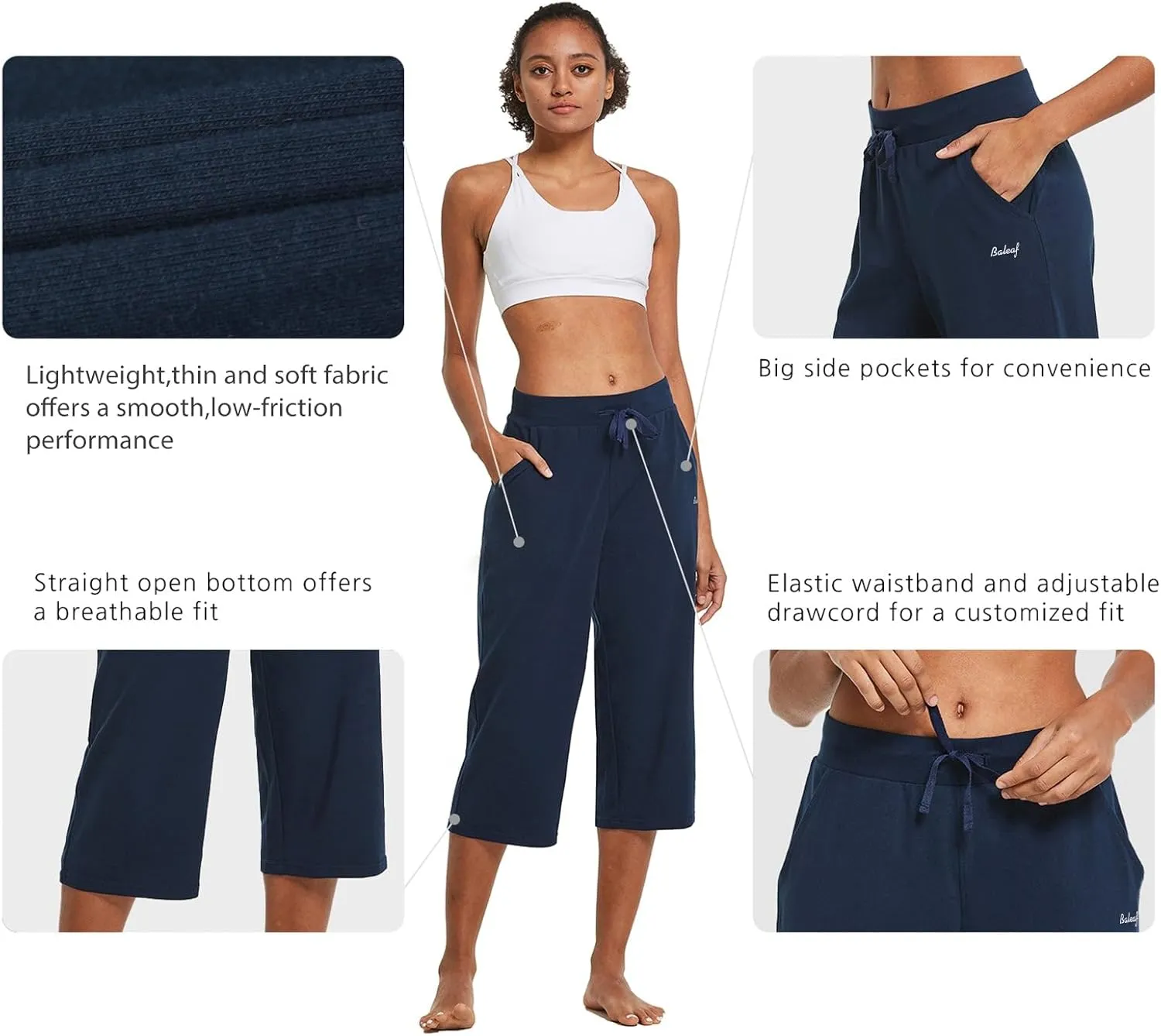 baleaf Women's Capris Yoga Cotton Wide Leg Casual Summer Capri Sweatpants Loose Lounge Workout Crop Pants Pockets