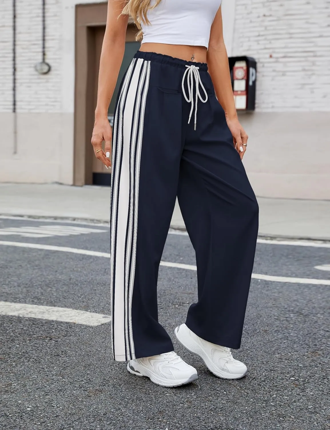 Bankeng Womens Side Striped Pants Wide Leg Drawstring High Waist Sweatpants Hudson Canyon Stripe Pants with Pockets