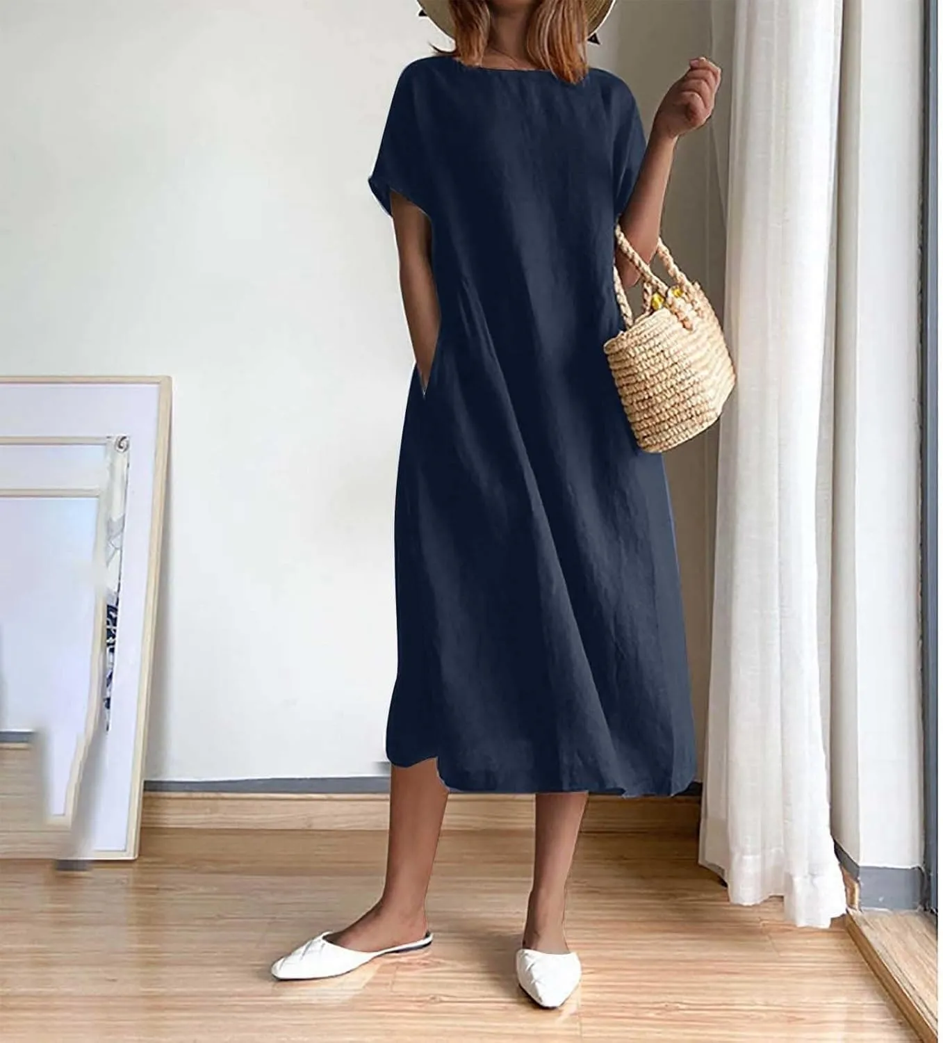 Beach Dresses for Women 2025 Vacation Summer Short Sleeve Cotton Linen Midi Dress Flowy Dresses Shirt Dress with Pocket