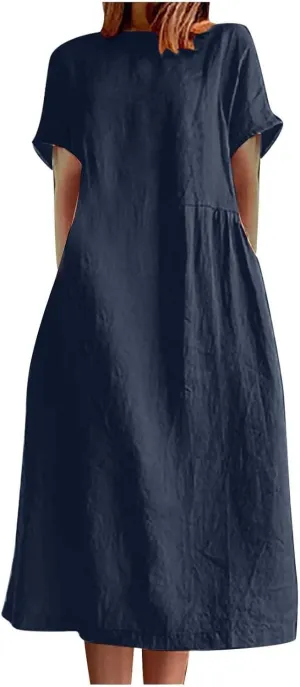 Beach Dresses for Women 2025 Vacation Summer Short Sleeve Cotton Linen Midi Dress Flowy Dresses Shirt Dress with Pocket