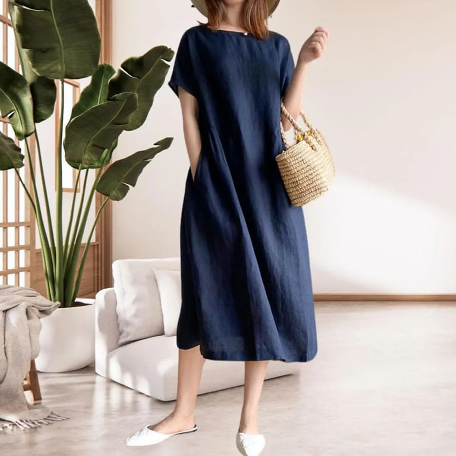 Beach Dresses for Women 2025 Vacation Summer Short Sleeve Cotton Linen Midi Dress Flowy Dresses Shirt Dress with Pocket