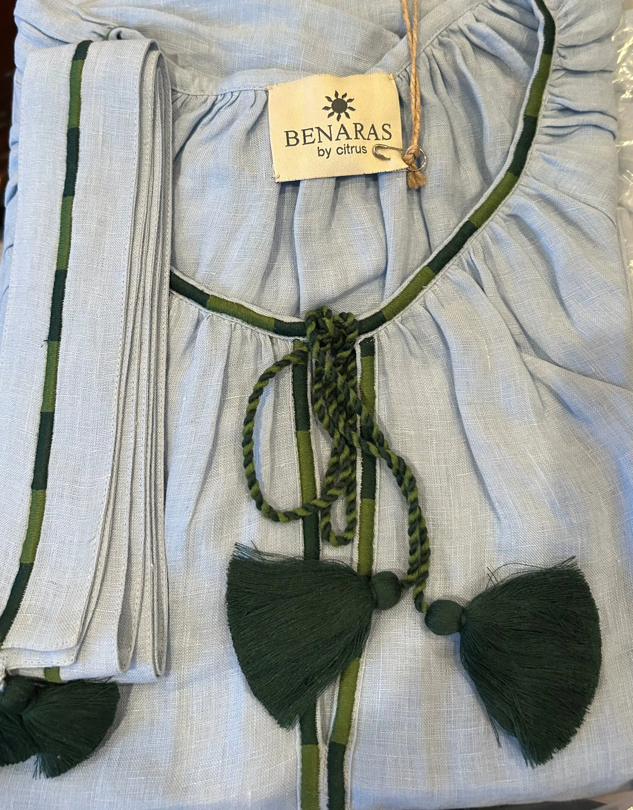 BENARAS~Denim blue multi kaftan w green trim 24864
