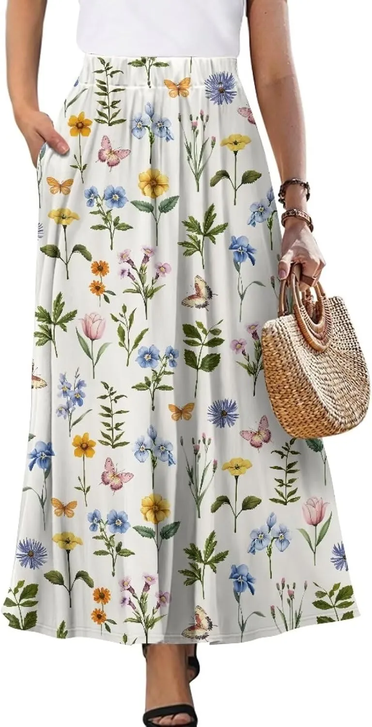 Biyejit Maxi Skirts for Women with Pockets Casual Long Skirt Midi Length Casual Skirt for Beach Party Holiday