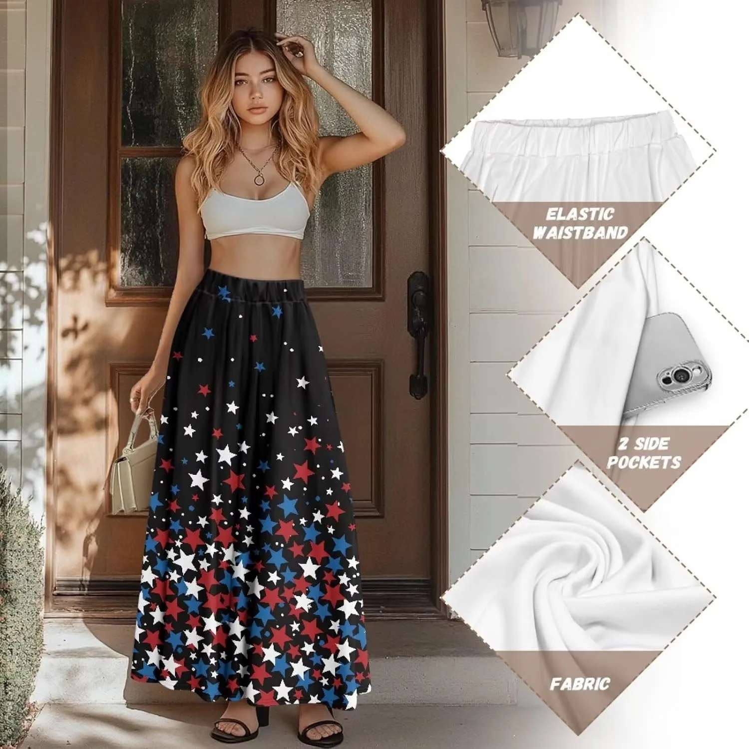 Biyejit Maxi Skirts for Women with Pockets Casual Long Skirt Midi Length Casual Skirt for Beach Party Holiday