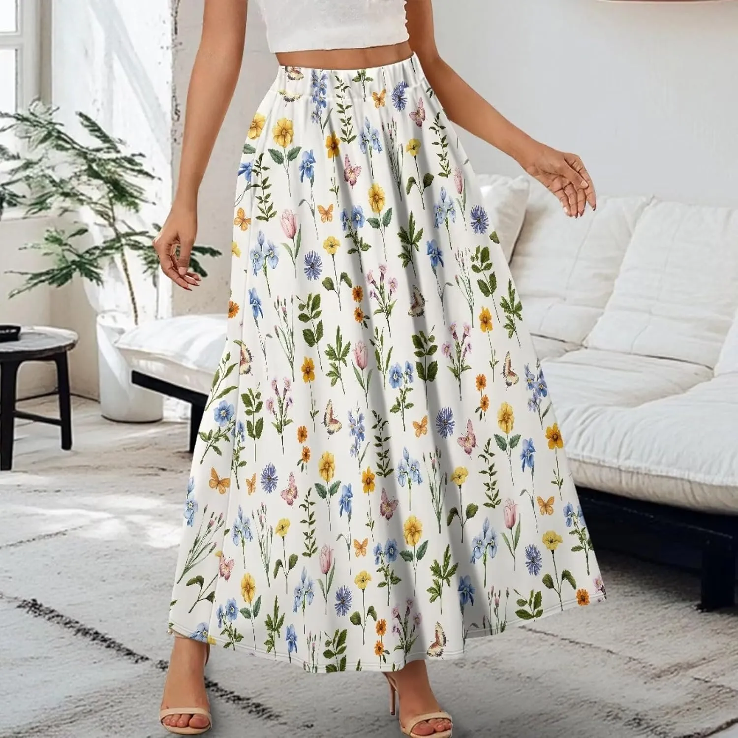 Biyejit Maxi Skirts for Women with Pockets Casual Long Skirt Midi Length Casual Skirt for Beach Party Holiday