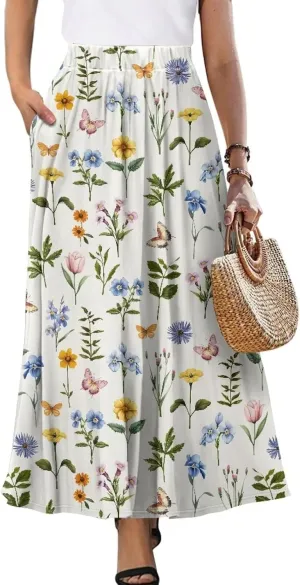 Biyejit Maxi Skirts for Women with Pockets Casual Long Skirt Midi Length Casual Skirt for Beach Party Holiday