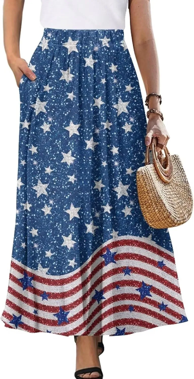 Biyejit Women Flowy Long Skirts Summer Fall Pleated Elastic High Waisted Casual Maxi Skirts with Pockets Plus Size
