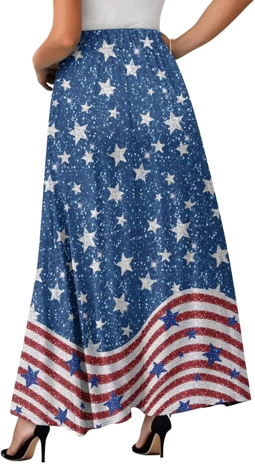 Biyejit Women Flowy Long Skirts Summer Fall Pleated Elastic High Waisted Casual Maxi Skirts with Pockets Plus Size