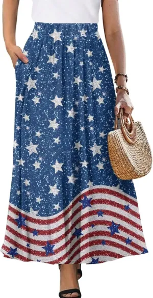 Biyejit Women Flowy Long Skirts Summer Fall Pleated Elastic High Waisted Casual Maxi Skirts with Pockets Plus Size