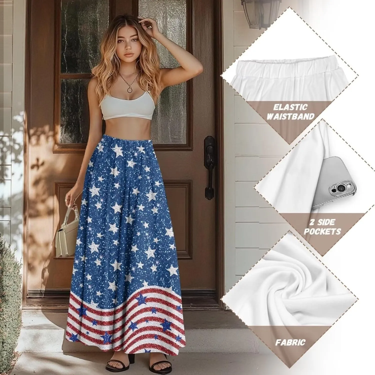 Biyejit Women Flowy Long Skirts Summer Fall Pleated Elastic High Waisted Casual Maxi Skirts with Pockets Plus Size