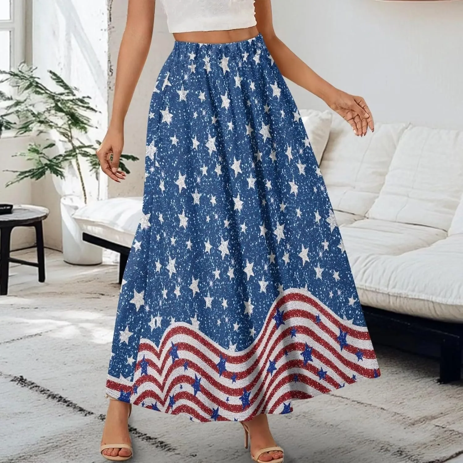 Biyejit Women Flowy Long Skirts Summer Fall Pleated Elastic High Waisted Casual Maxi Skirts with Pockets Plus Size