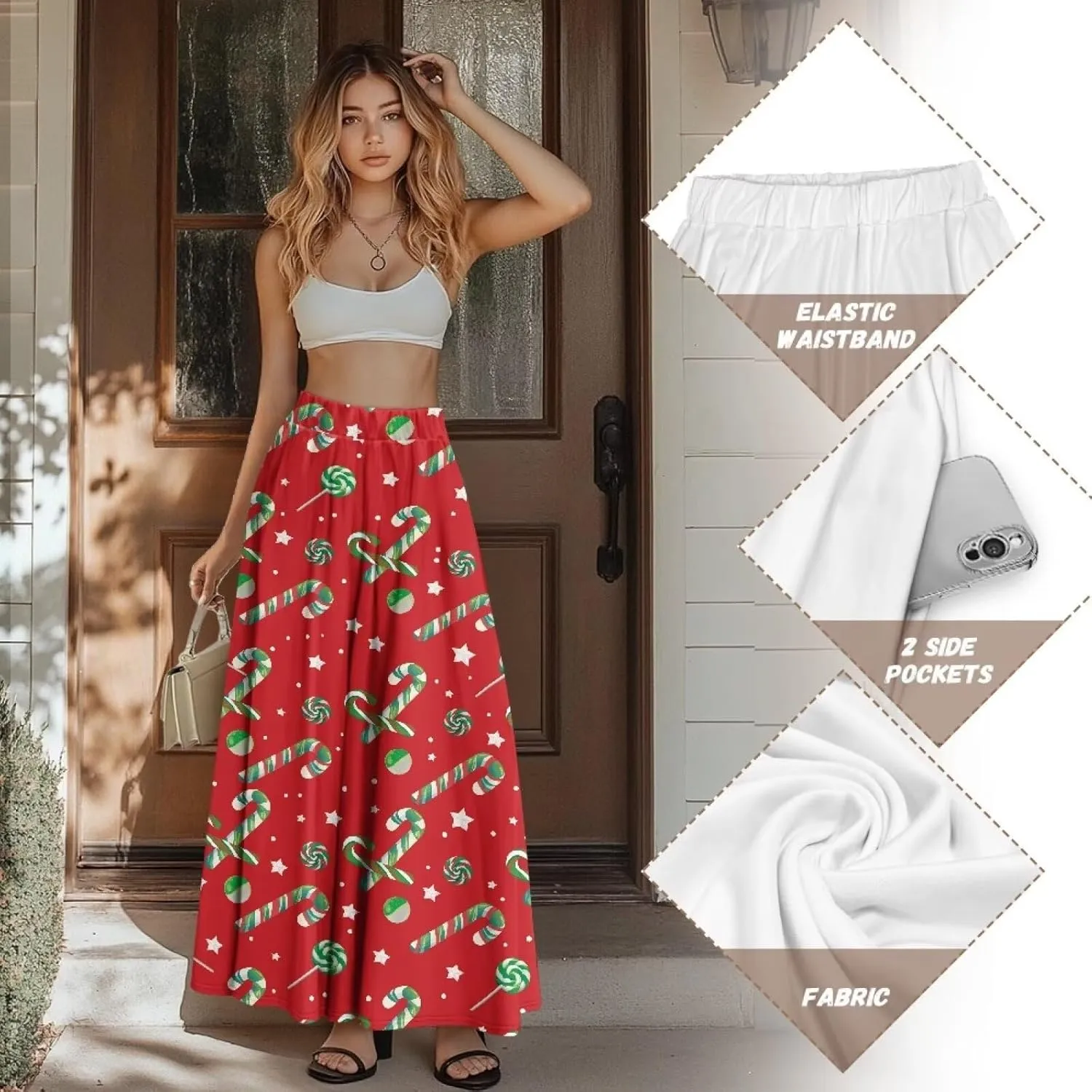 Biyejit Women's Elastic High Waist Pleated A-Line Skirts Flowy Swing Maxi Long Skirt Dress with Pockets