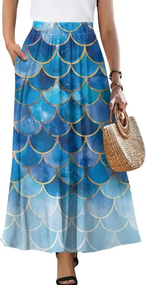 Biyejit Women's Elastic High Waist Pleated A-Line Skirts Flowy Swing Maxi Long Skirt Dress with Pockets