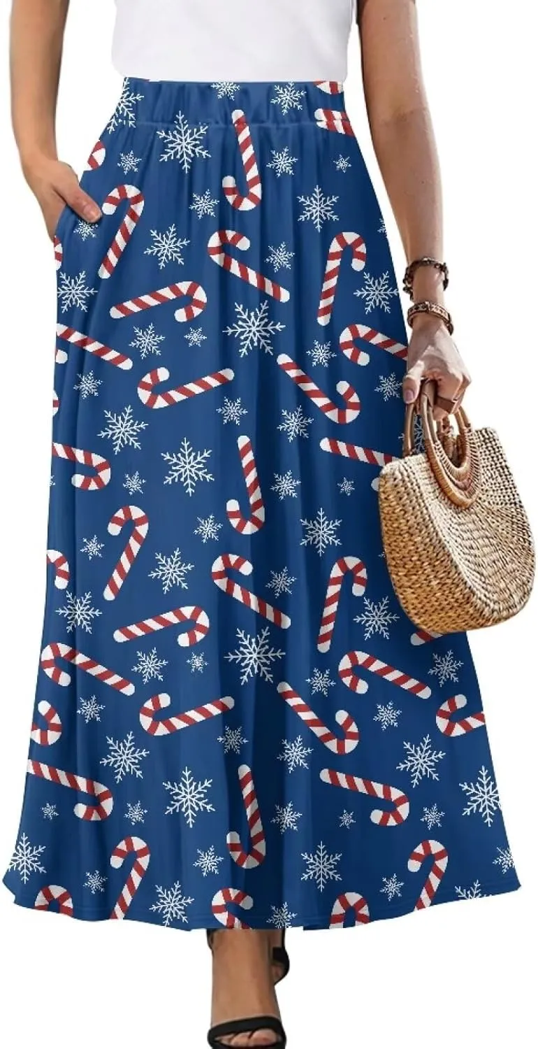 Biyejit Women's Elastic High Waist Pleated A-Line Skirts Flowy Swing Maxi Long Skirt Dress with Pockets