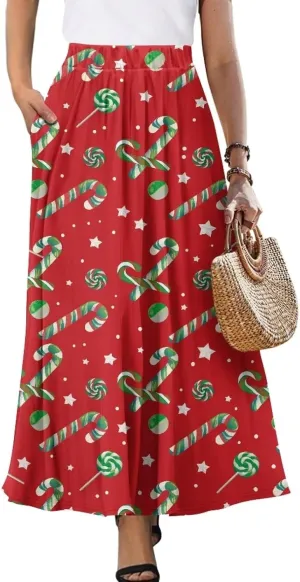 Biyejit Women's Elastic High Waist Pleated A-Line Skirts Flowy Swing Maxi Long Skirt Dress with Pockets