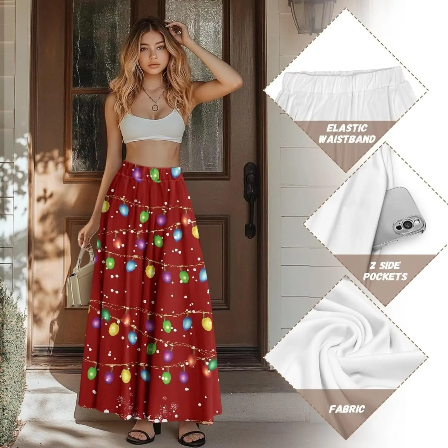 Biyejit Women's Flowy Maxi Skirt Pleated High Waisted A Line Skirt Casual Long Skirts with Pockets S-2XL