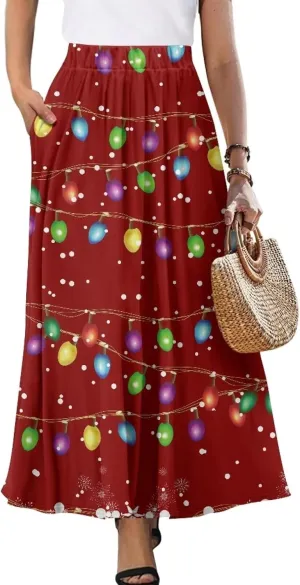 Biyejit Women's Flowy Maxi Skirt Pleated High Waisted A Line Skirt Casual Long Skirts with Pockets S-2XL