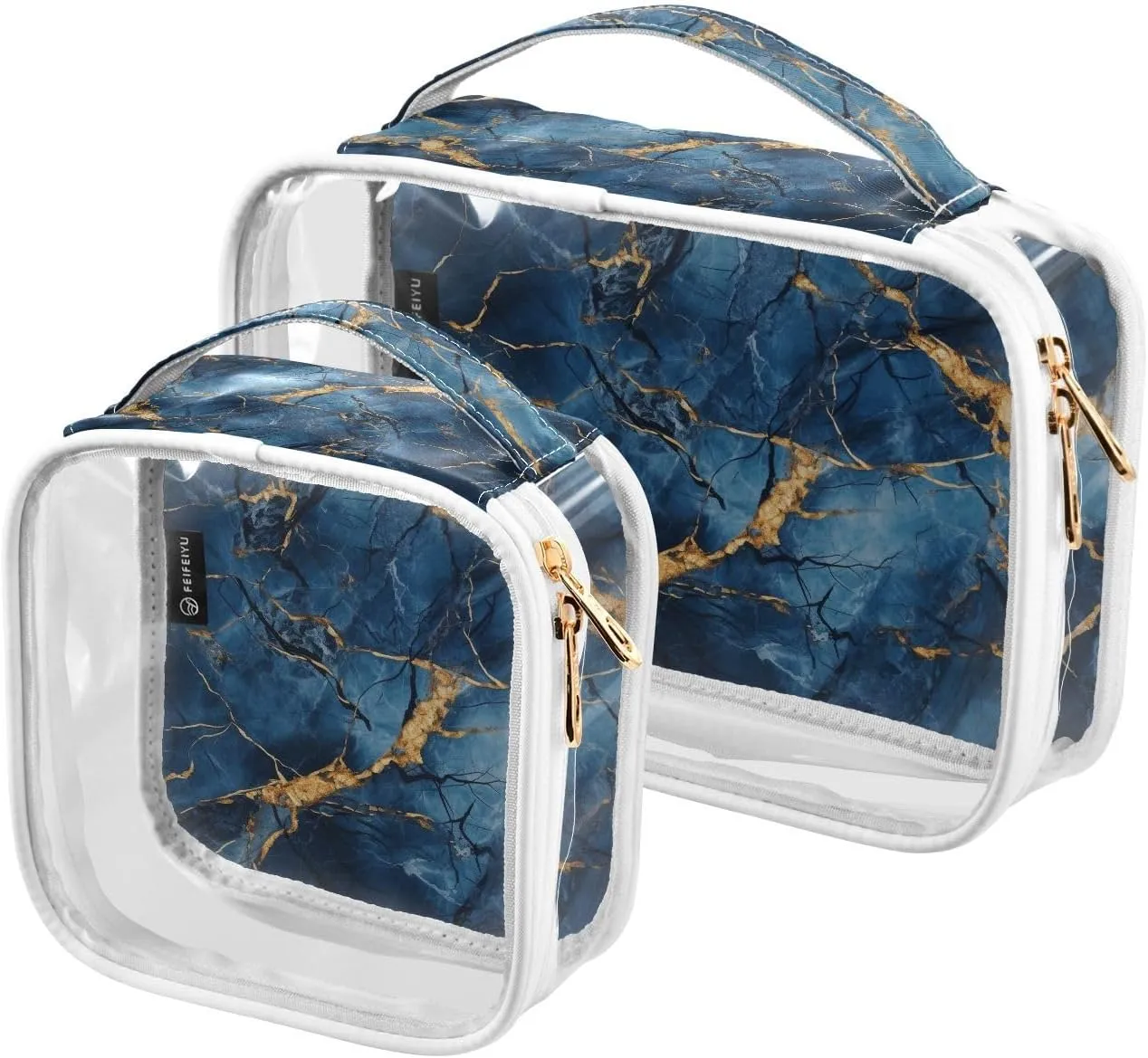 Blue-marble-texture 2 Pack Clear Toiletry Bag Women Men, Portable Waterproof Clear Pouch, Cosmetic Bag with Double Zippers Large Opening Traveling with Handle for Bathroom Traveling Vacation Organizin