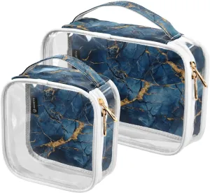 Blue-marble-texture 2 Pack Clear Toiletry Bag Women Men, Portable Waterproof Clear Pouch, Cosmetic Bag with Double Zippers Large Opening Traveling with Handle for Bathroom Traveling Vacation Organizin