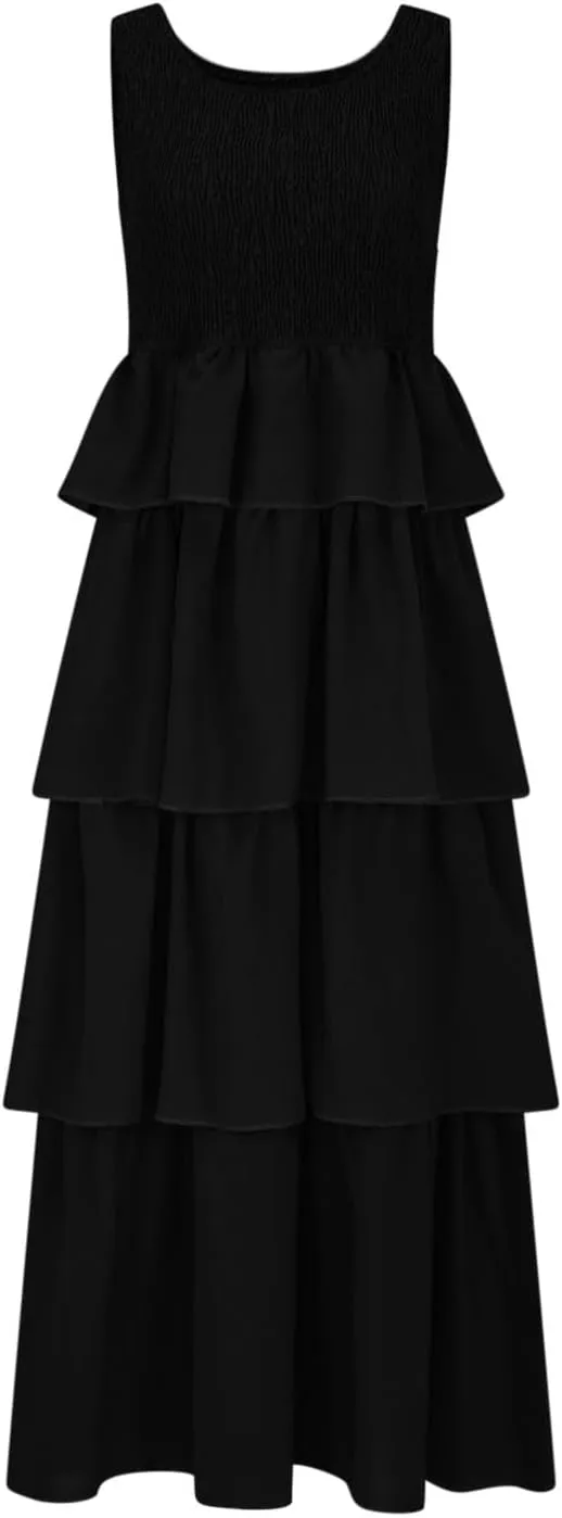 Borniu Women's Summer Casual U Neck Sleeveless Smocked High Waist Tank Midi Dress Tiered Flowy Beach Vacation Cake Dresses