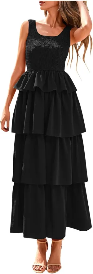 Borniu Women's Summer Casual U Neck Sleeveless Smocked High Waist Tank Midi Dress Tiered Flowy Beach Vacation Cake Dresses